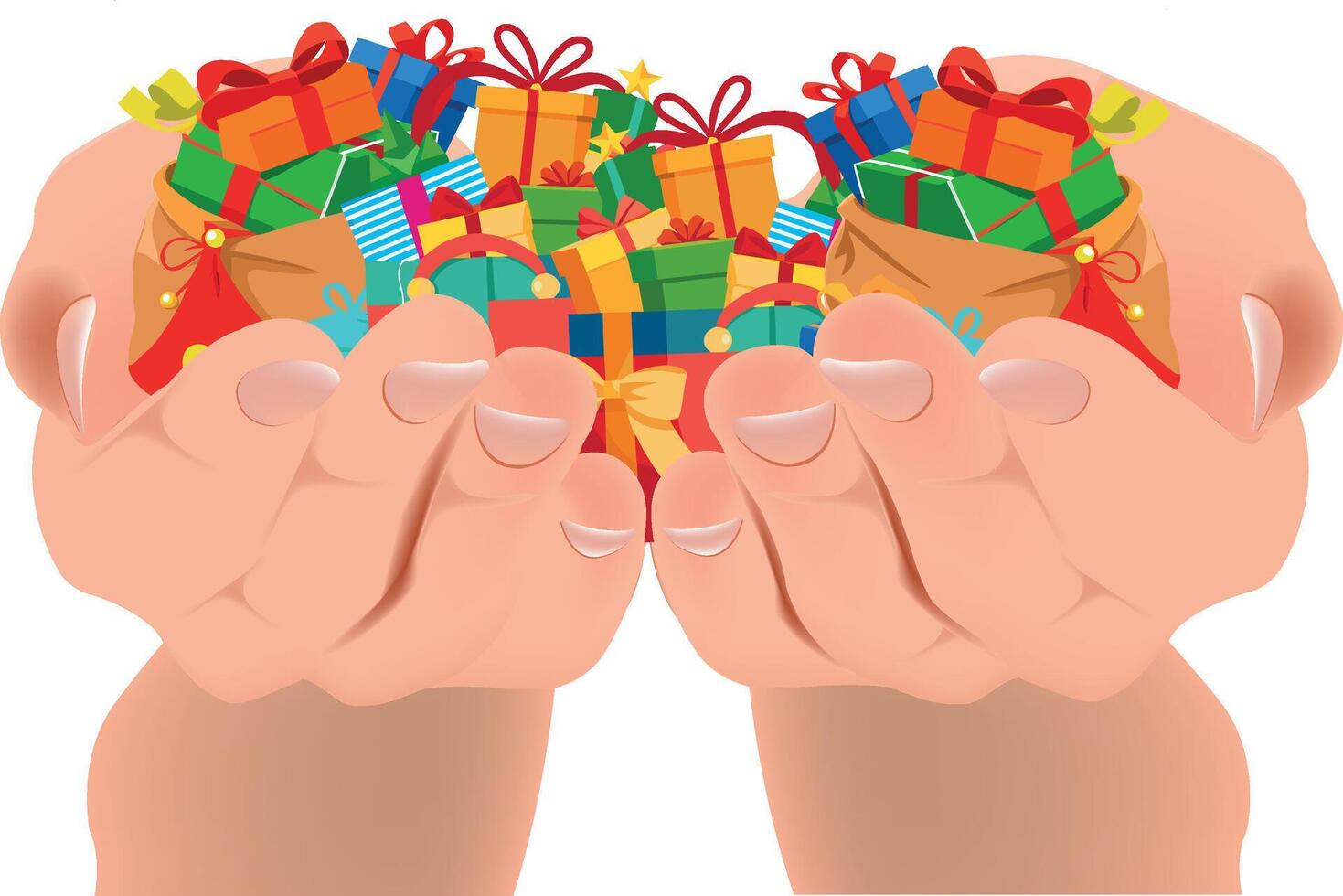 Hands holding a pile of gifts vector