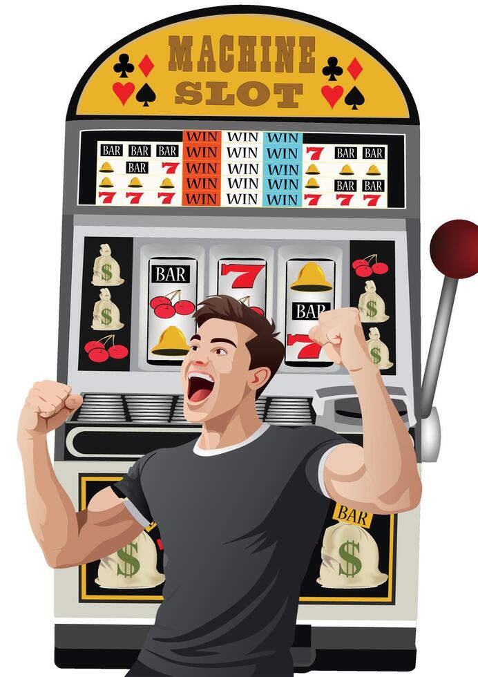 A man is holding up his fist in front of a slot machine vector