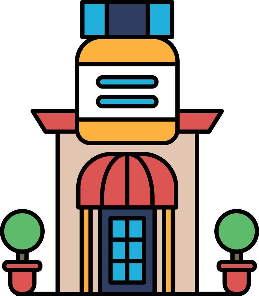 Illustration of a building and a bottle of medicine in line drawing style vector