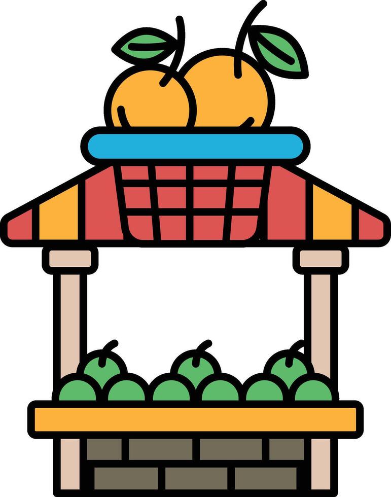 A fruit stand with a basket of fruit on top vector