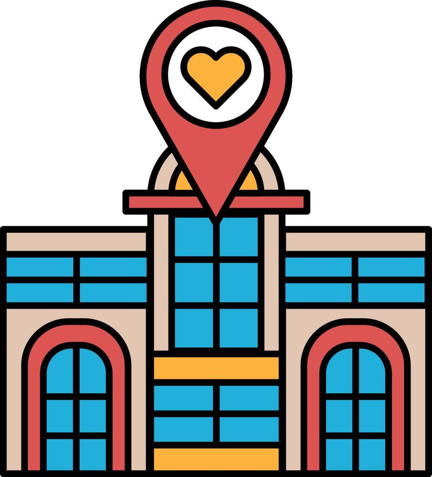 A building with a red heart on it and a red pin pointing to it vector