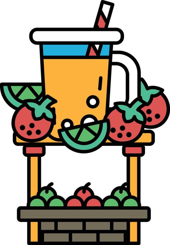 A colorful drink with a straw in it is on top of a table with fruit vector