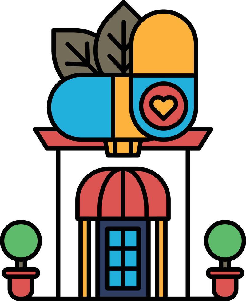 Illustration of a building and a medicine in line drawing style vector