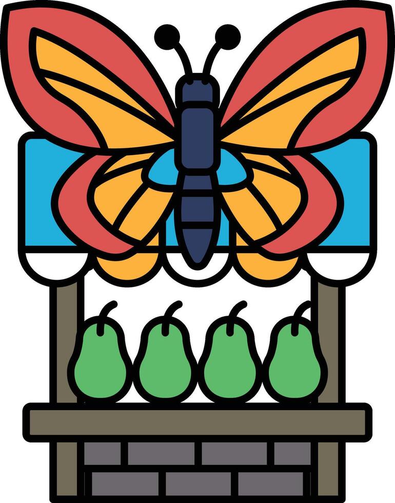 A butterfly is on top of a fruit stand with four pears vector