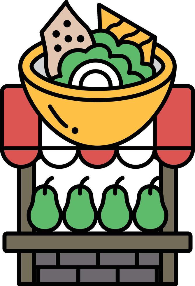 A cartoon drawing of a fruit stand with a bowl of food on top of it vector