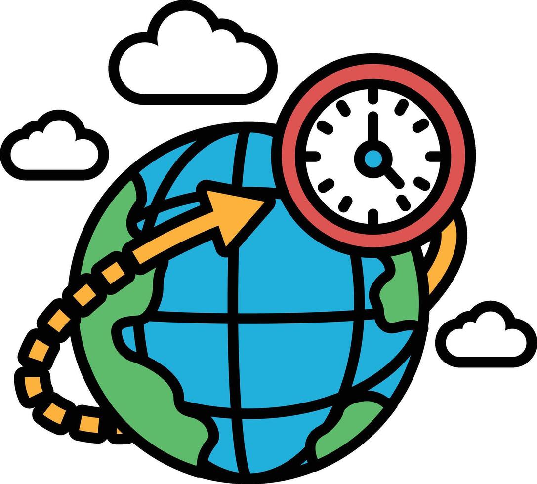 A cartoon drawing of a globe with a clock on it vector