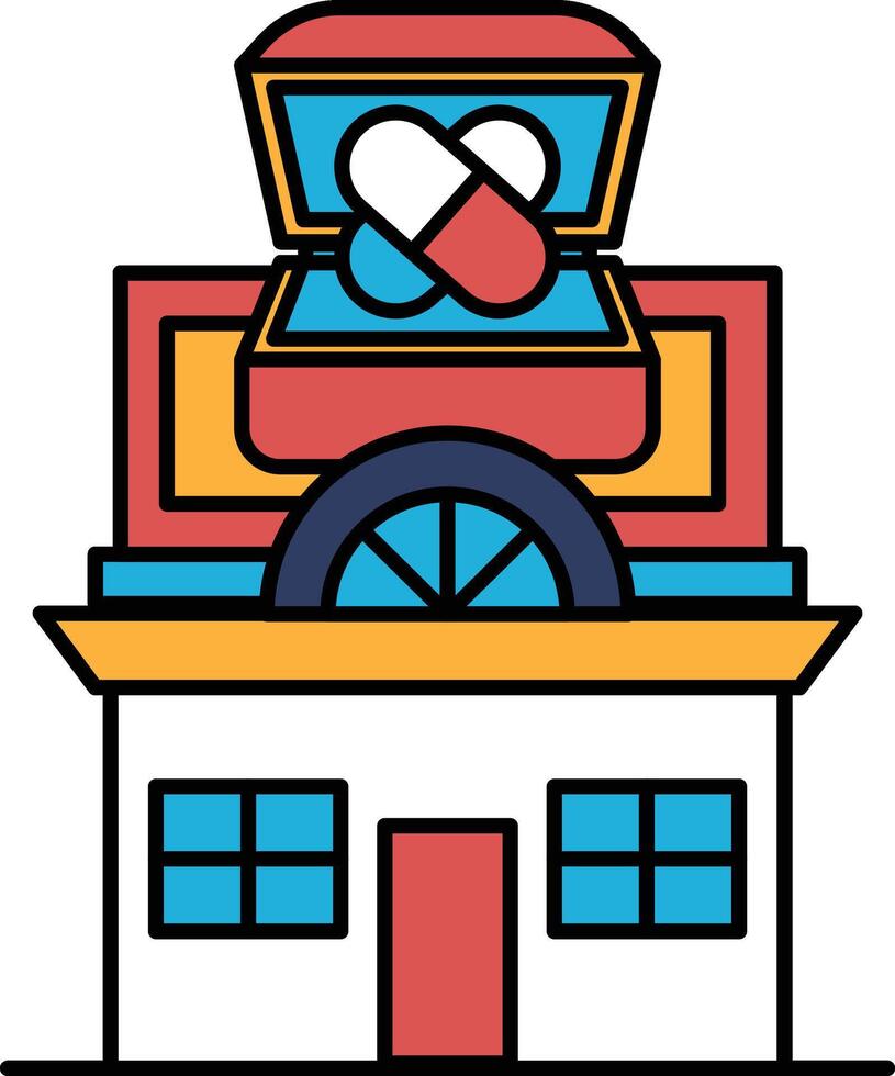 Illustration of a building and a medicine in line drawing style vector