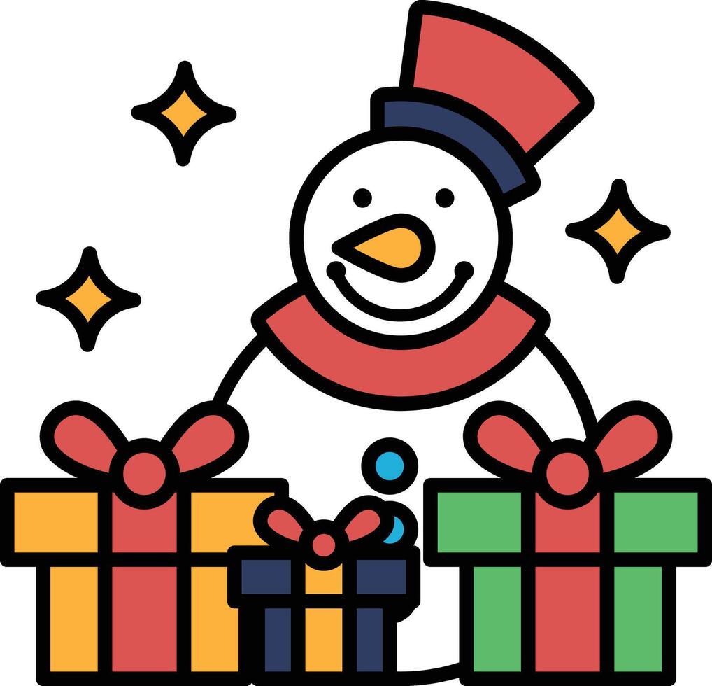 A cartoon snowman is holding a bunch of presents vector