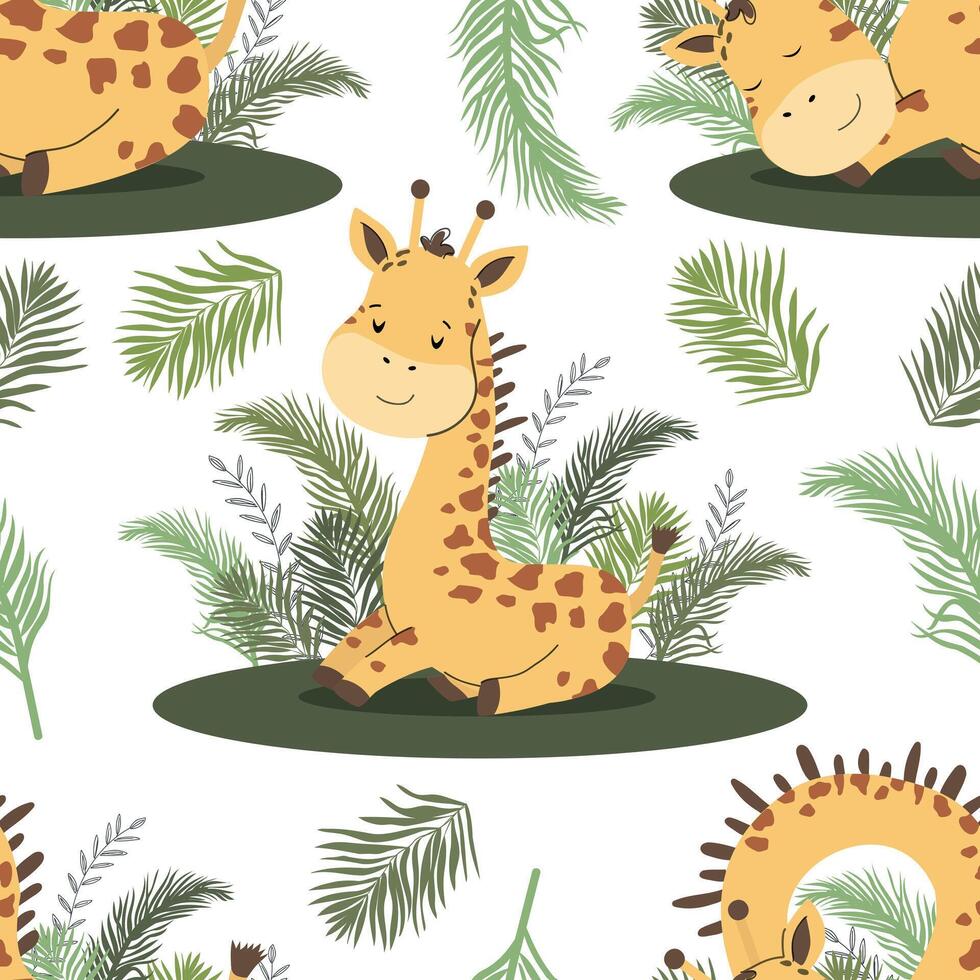 Giraffe seamless pattern with leaves and flowers vector