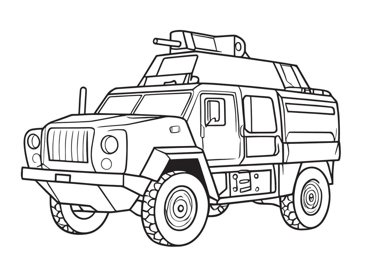 Army Trucks and Military Vehicles Coloring Sheet Bold Black Outline Illustrations on White Canvas vector