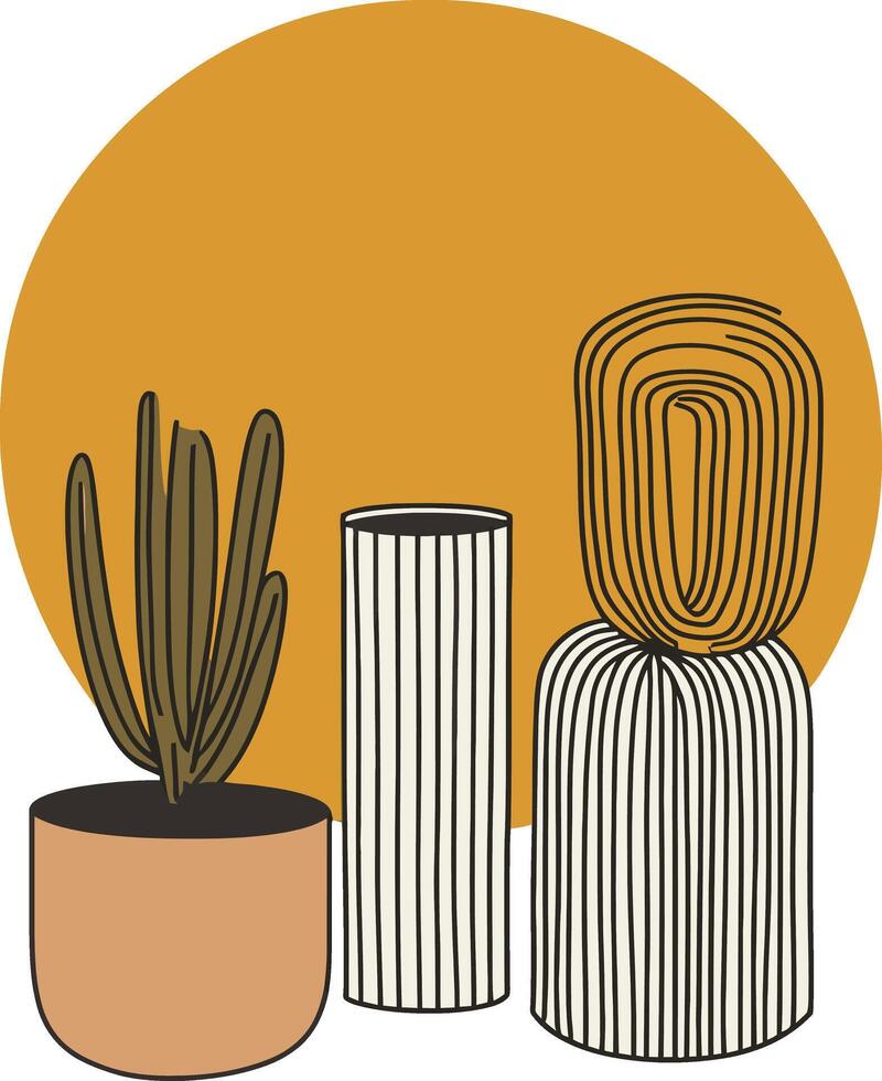 Modern Minimalist Botanical Illustration with Abstract Shapes and Potted Plants in Earth Tones vector