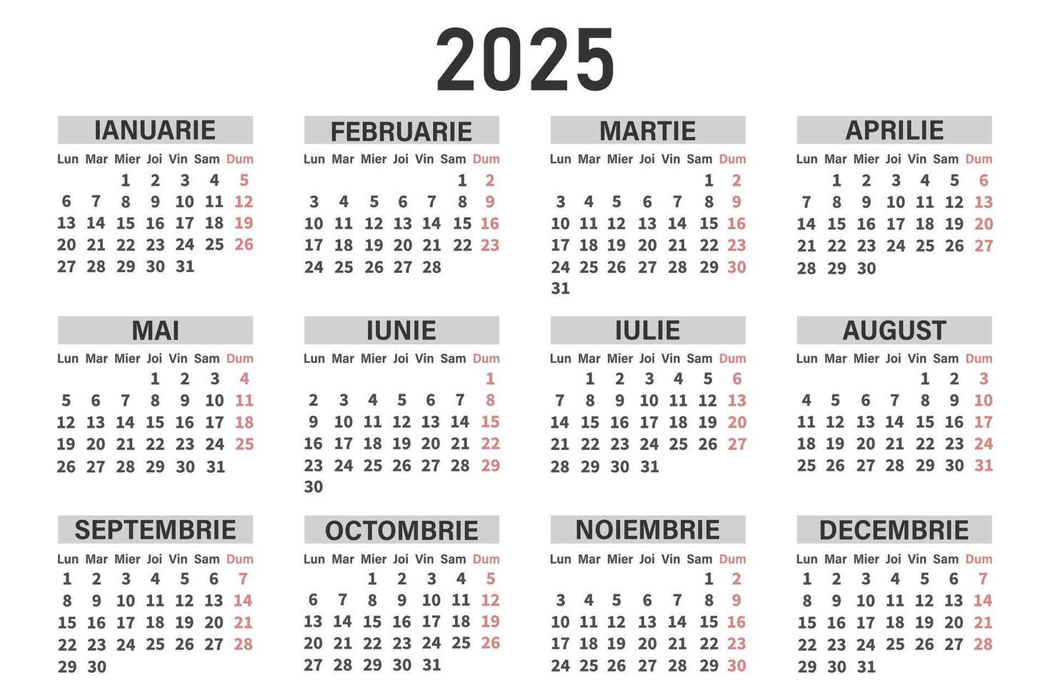 Classic horizontal calendar 2025 in Romanian. Days, weeks and months. vector