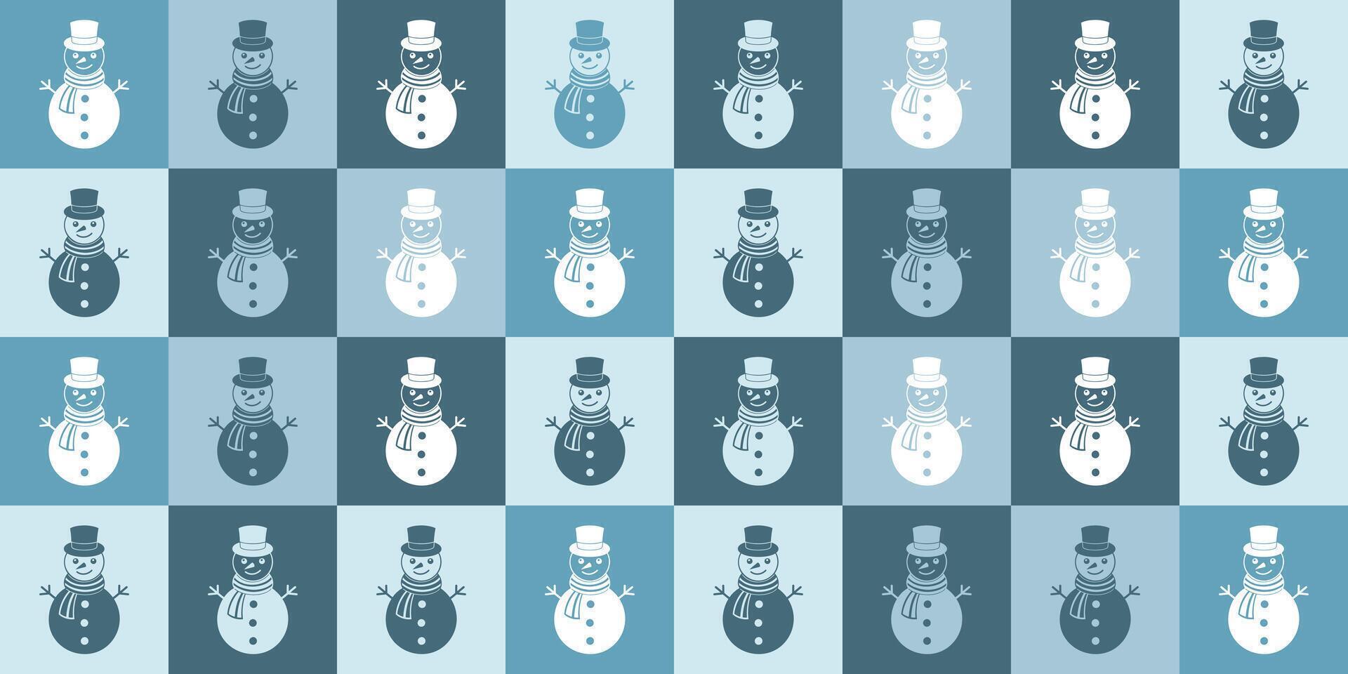 Winter seamless pattern with cute snowmen in blue tones. Christmas geometric background. Minimalist style, holiday design template vector