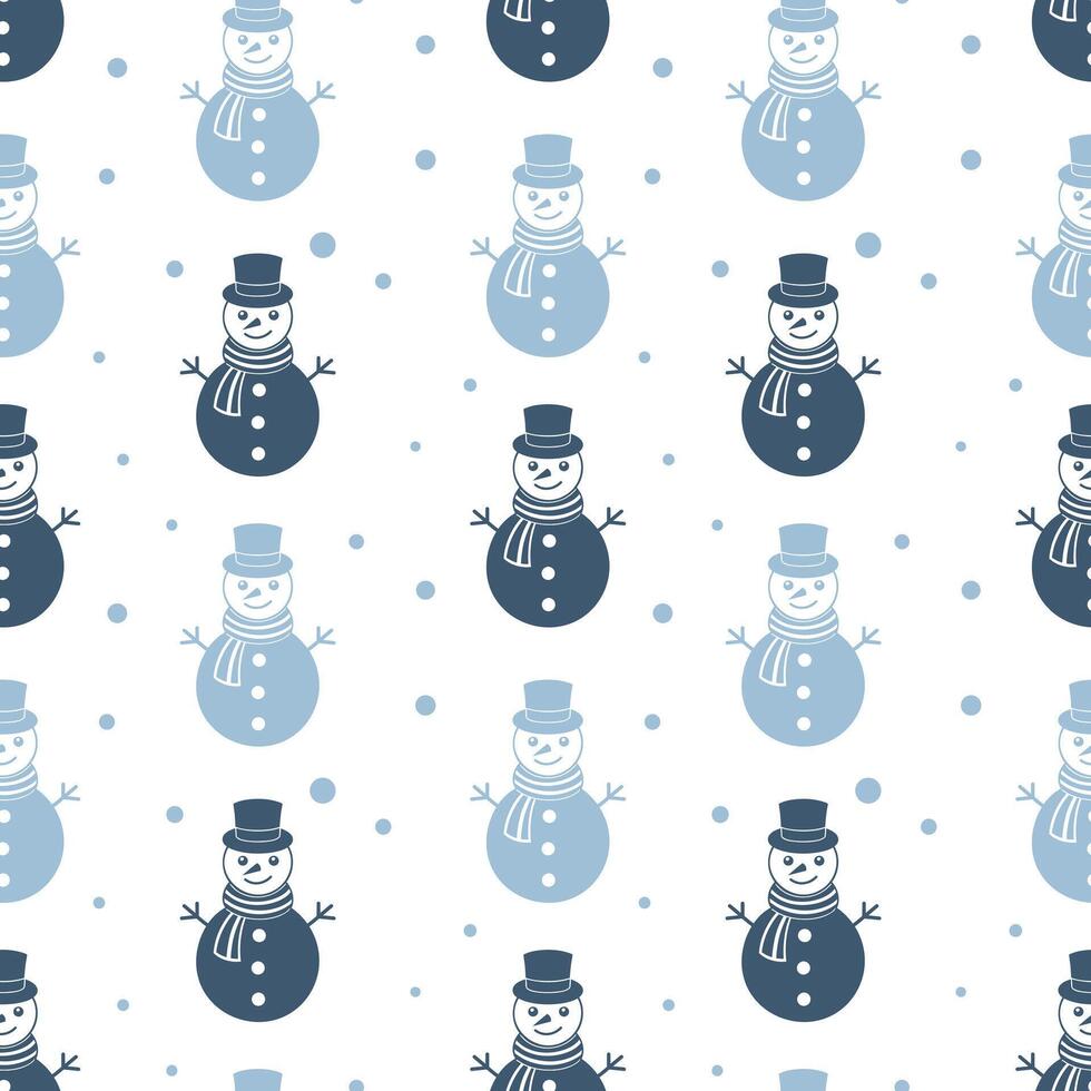 Winter seamless pattern with cute snowman in blue tones. Christmas background. Minimalist style, holiday design template vector