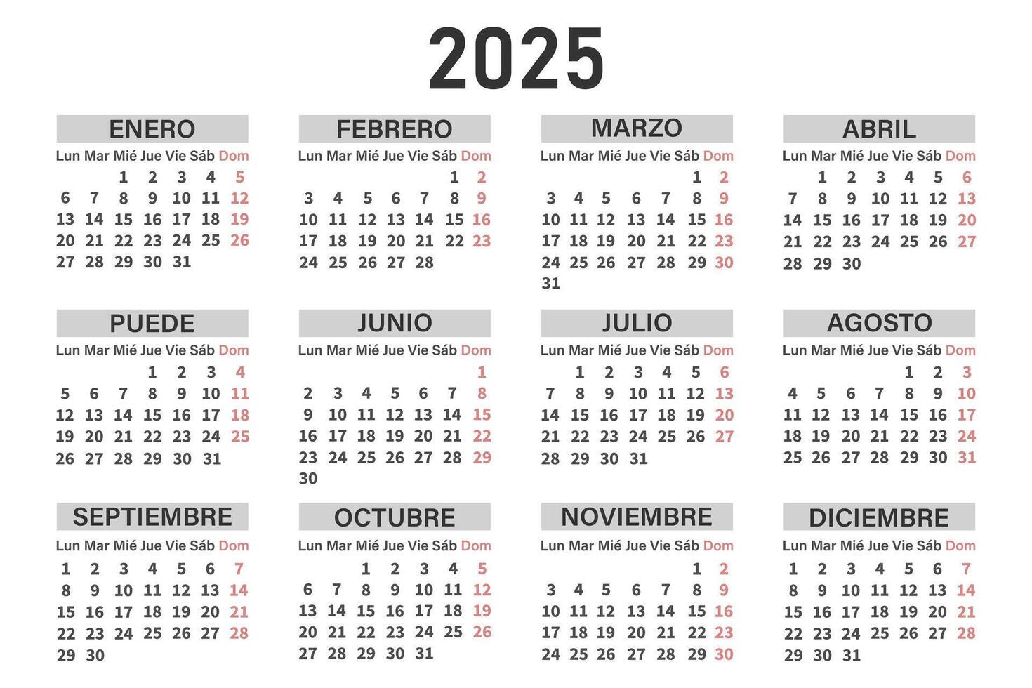 Classic horizontal calendar 2025 in Spanish. Days, weeks and months. vector