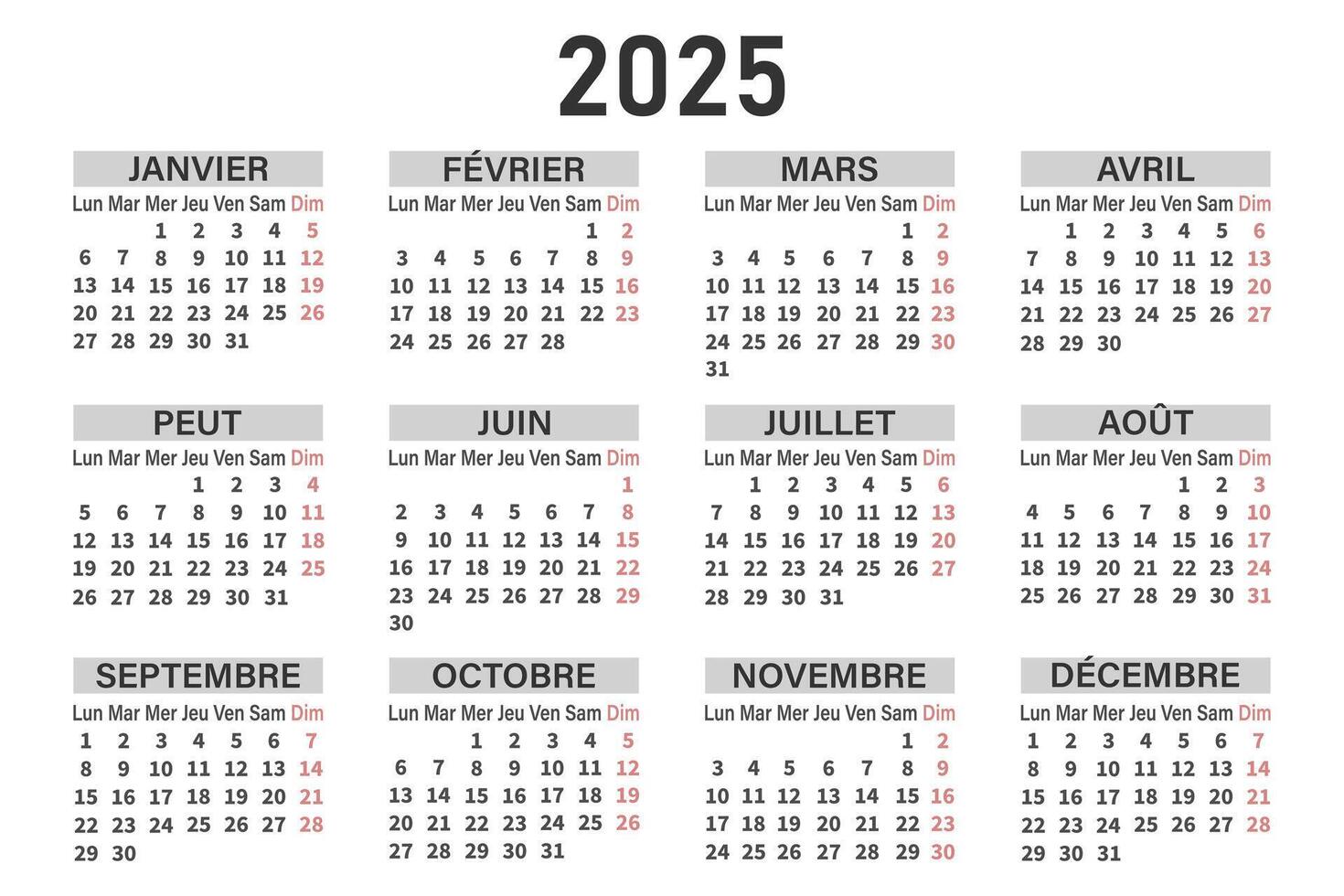 Classic horizontal calendar 2025 in French. Days, weeks and months. vector