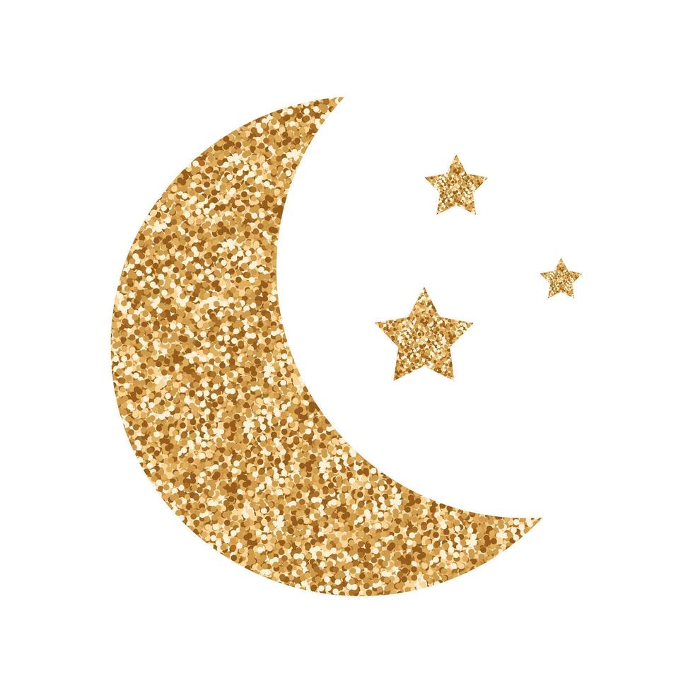 Moon and stars icon in gold glitter texture. Sparkle luxury style illustration. vector