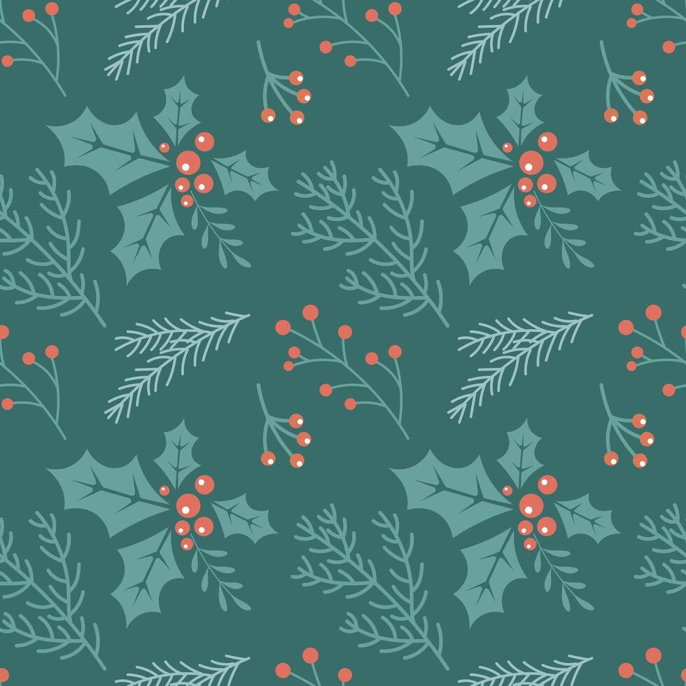 Christmas seamless pattern with holly berry branches and pine cones. Christmas background. vector