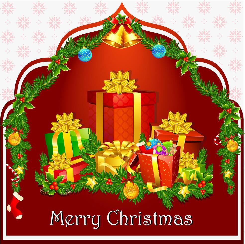 Merry Christmas with background decoration and gifts boxes poster design vector