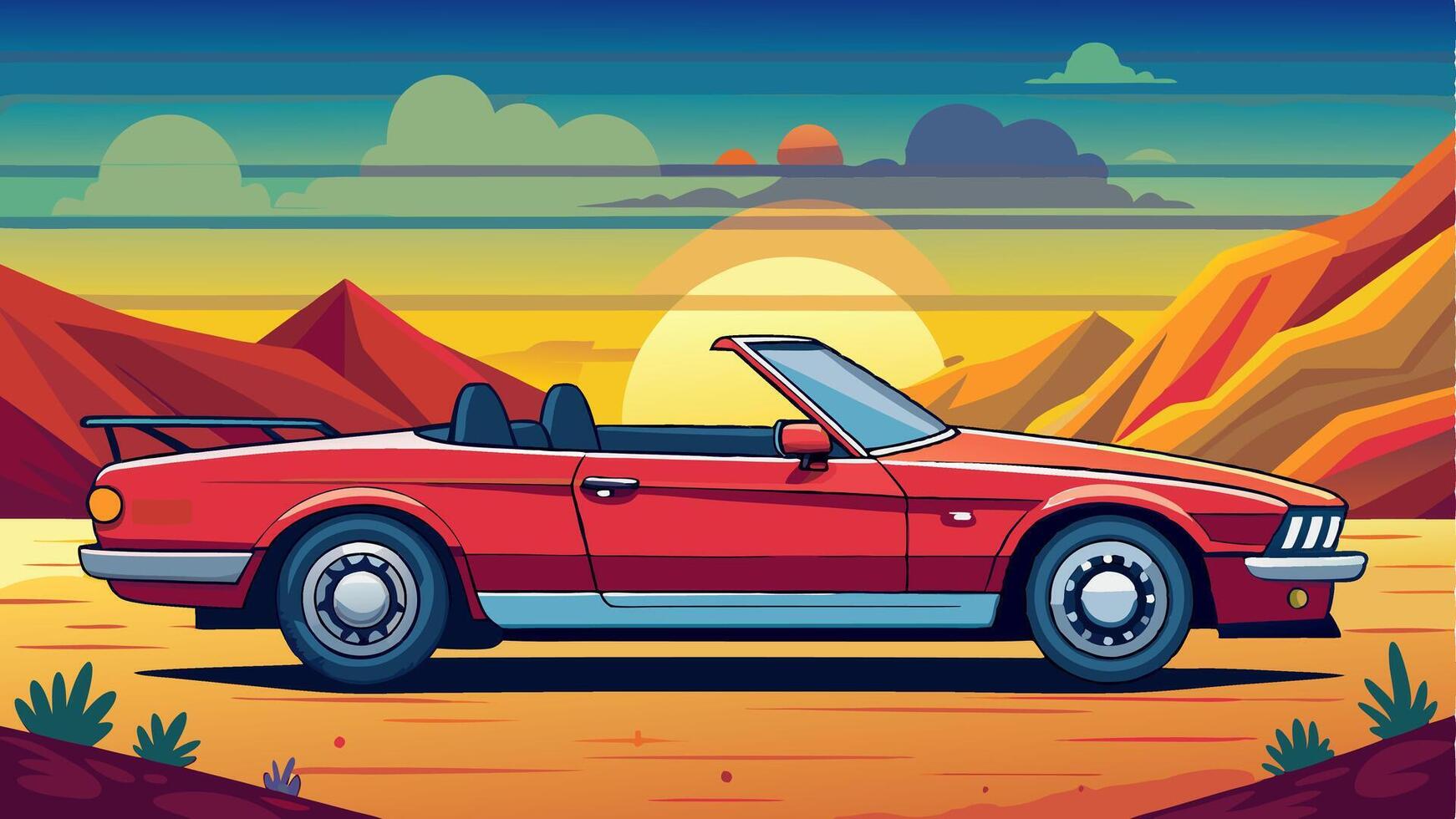 a red convertible car in the desert with mountains in the background vector