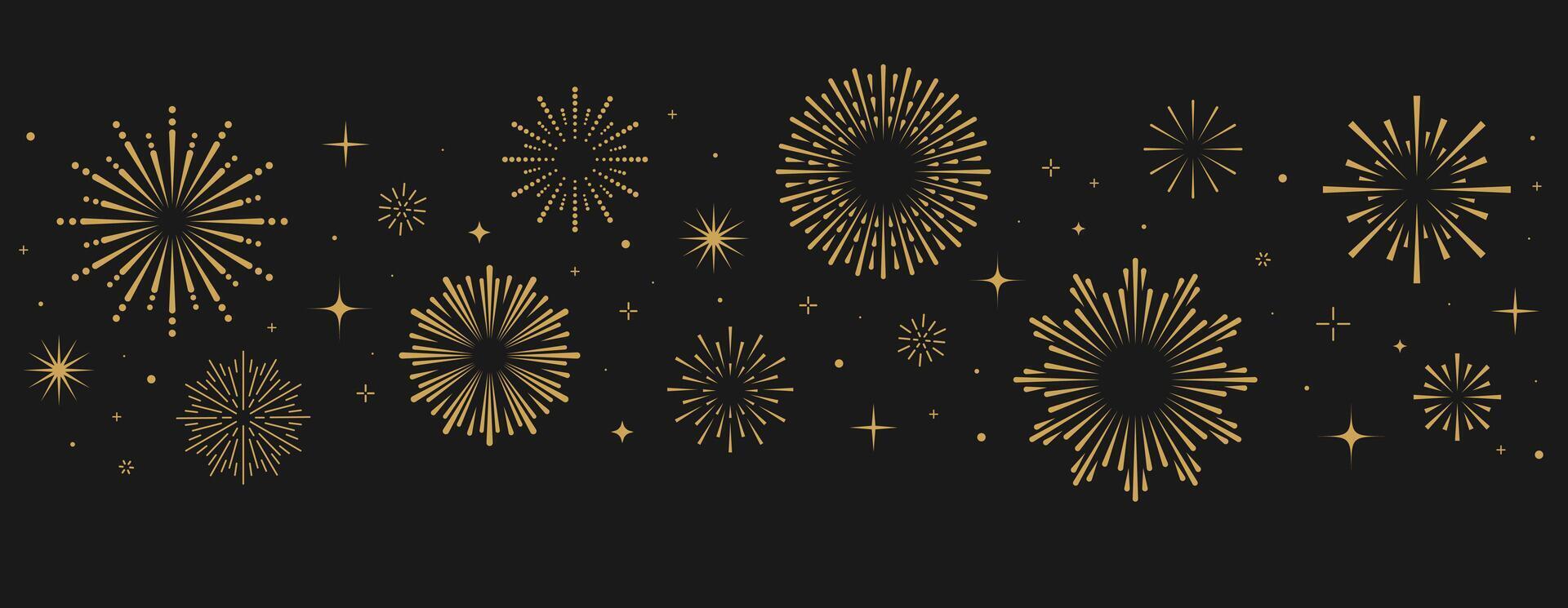 Festive outline fireworks on black background. Design for holiday and celebration background. Bursting rays sunrise firework starburst blast. Geometric Design Elements. vector