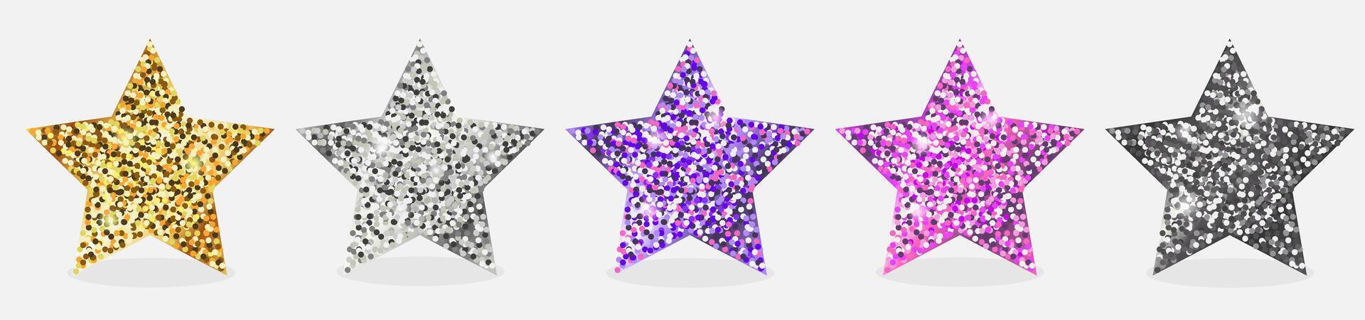 Golden silver star with sparkles on white background. Set of glitter twinkling stars shape. Symbol for celebrate vector