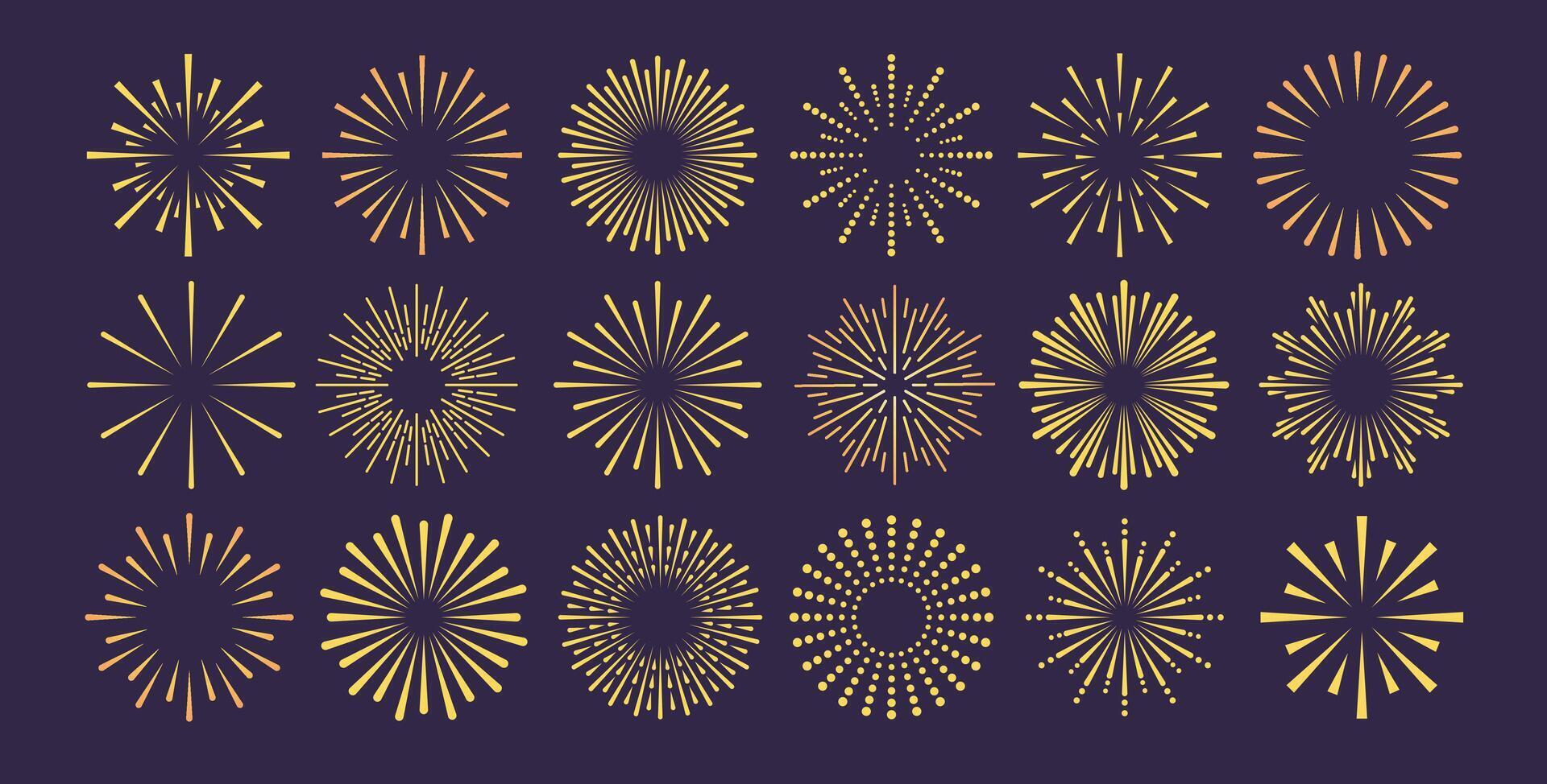 Firework golden outline icons. Light flash and sun shine for new year celebrate. Bursting rays sunrise firework starburst blast. vector