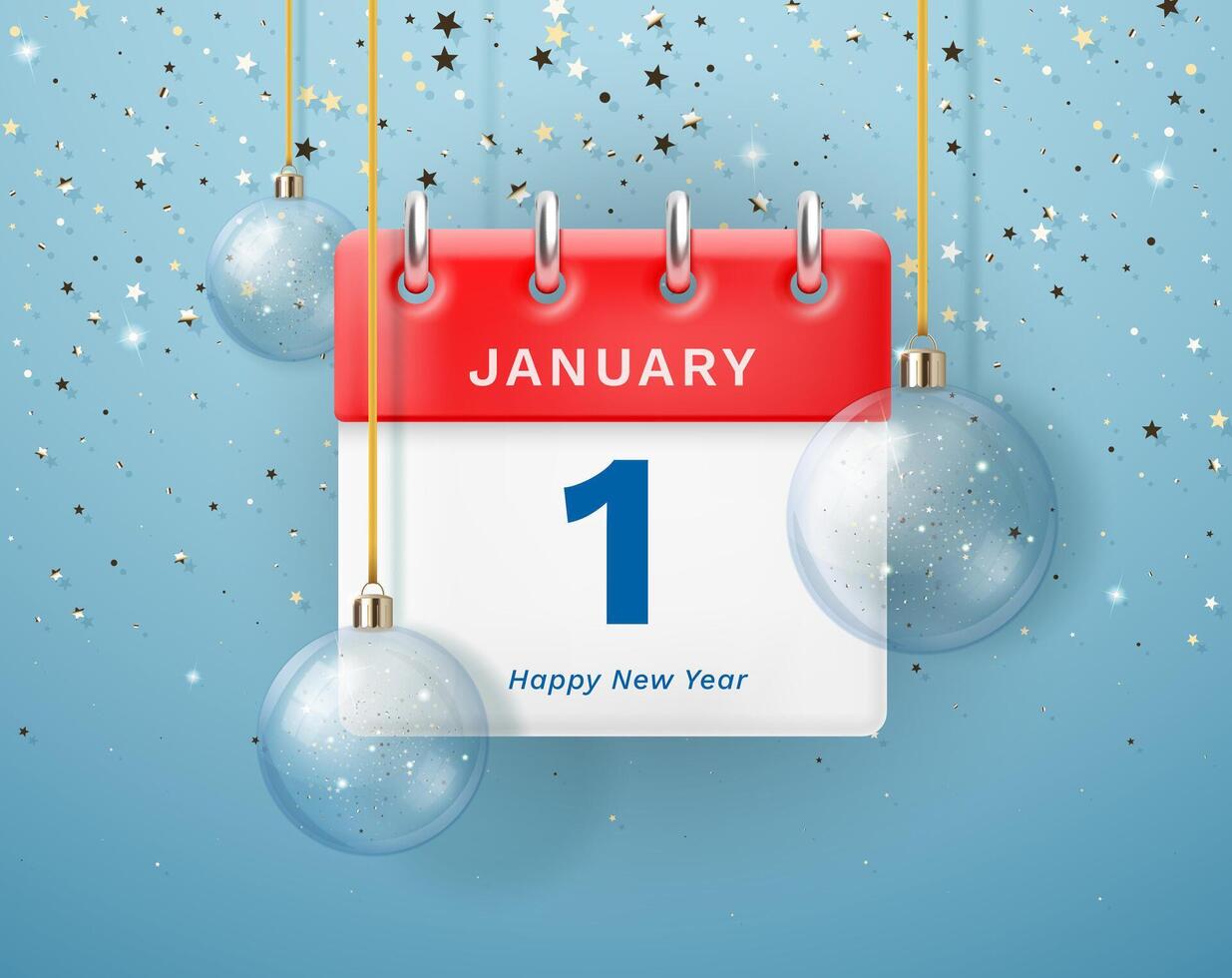 Happy New Year. Wall tear -off calendar with a date on January 1 among Christmas decorations against the backdrop of gold stars and a serpentine. vector