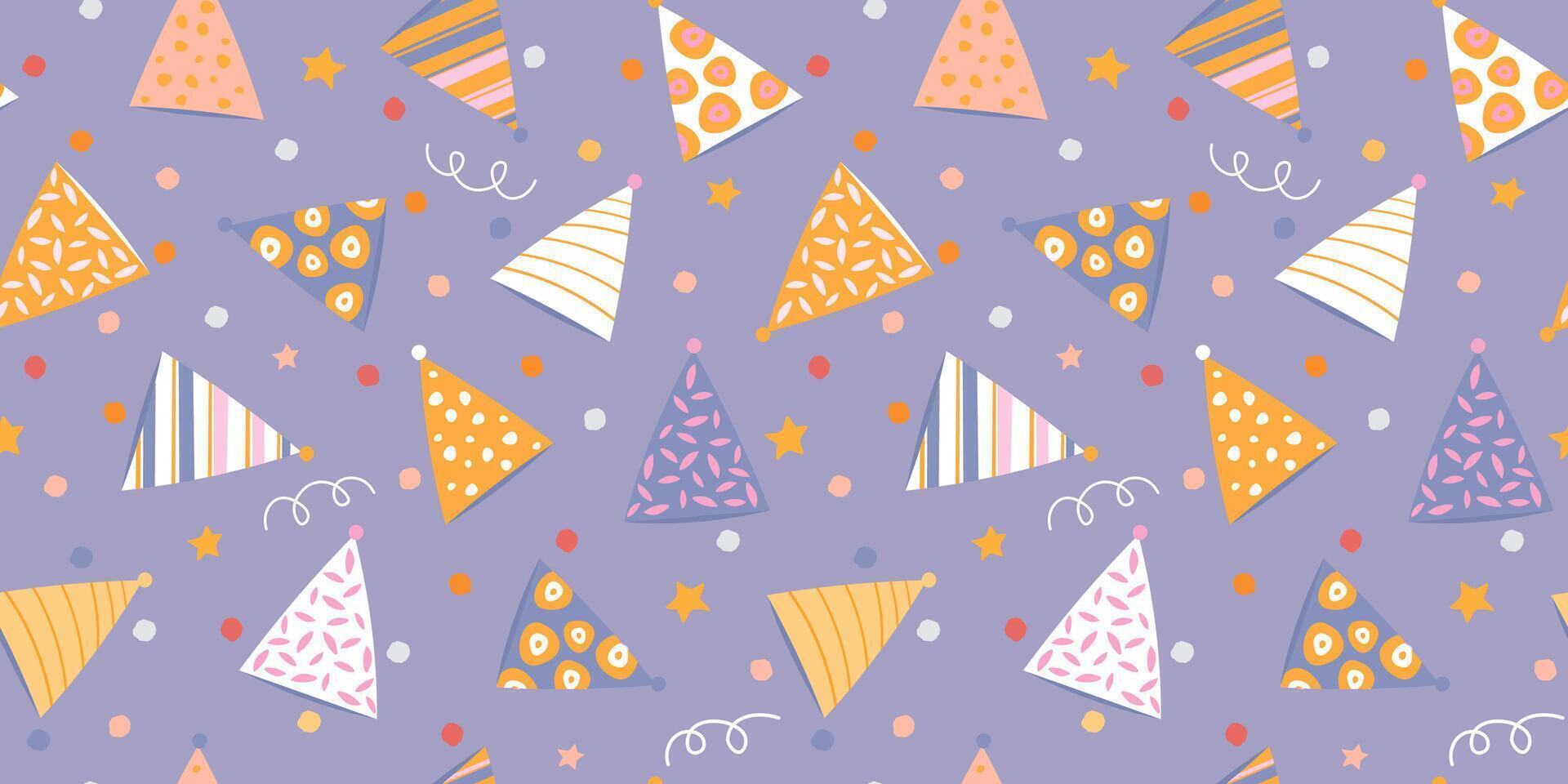 Seamless pattern with festive triangular caps on a confetti background. Joyful cheerful print. vector