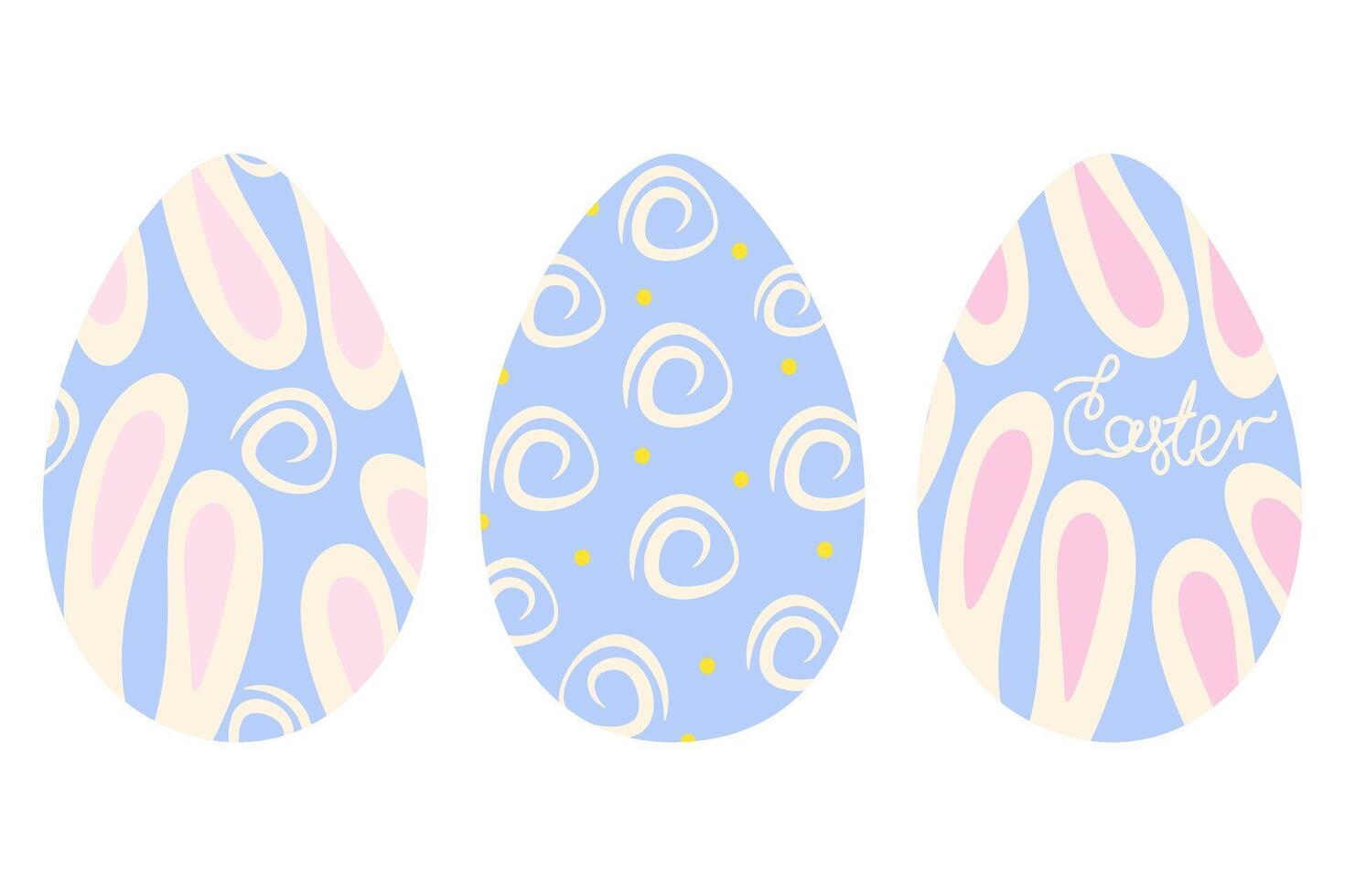 Easter eggs patterned hand drawn ornament, dots, lettering Easter and bunny ears. Set 3 design units. Isolated illustration Card, poster, banner, leaflet, price tag, label, booklet or web promo vector