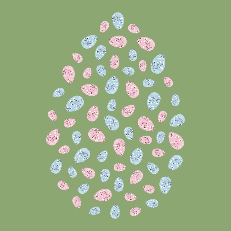 Colorful Easter eggs with blooming twigs shaped egg on green background. Easter greeting design idea. Isolated illustration Media posting, blogs, greeting cards, banner, leaflets or web promo vector
