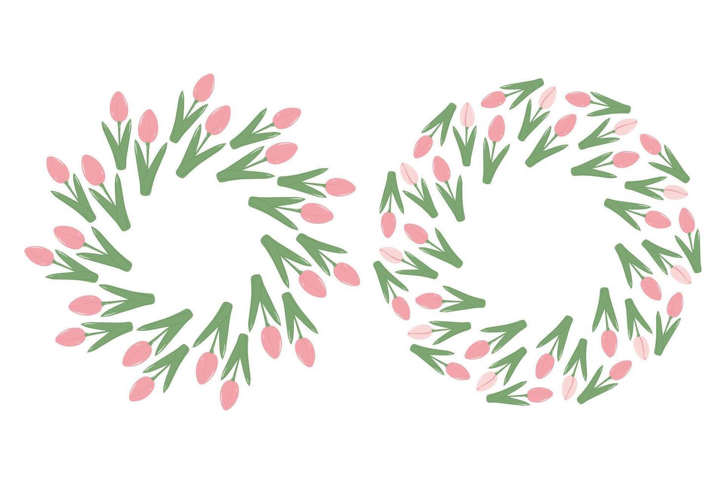 Tulips Circle Frames in trendy in trendy soft pink. Springtime greetings Copy space Templates Set 2. Isolated illustration Cards, poster, leaflets, banner, price tags, label or web promo, blogs vector