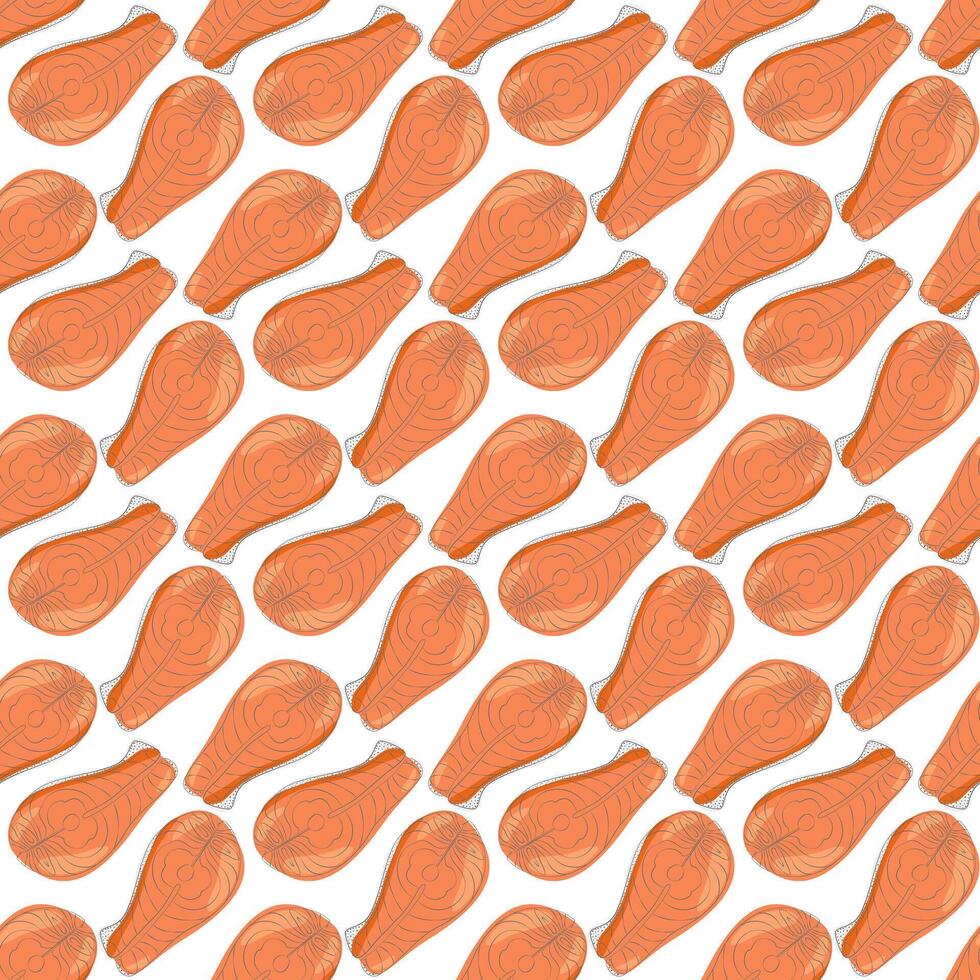 Freehand Salmon steaks Seamless pattern in watercolor style. Healthy Eating Day or Fish Day backdrop. Isolated illustration Wallpaper, wrapping or web promo, thematic cards, blogs and posters vector