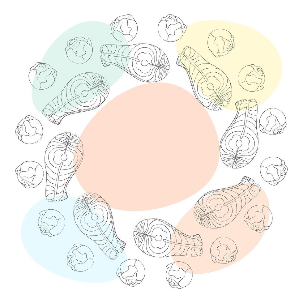 Outline Salmon steak and brussels sprout heads. Circle Frame Border on colorful spots with copy space. Isolated illustration Healthy Eating Thematic cards or blogs, web promo, label, leaflets vector