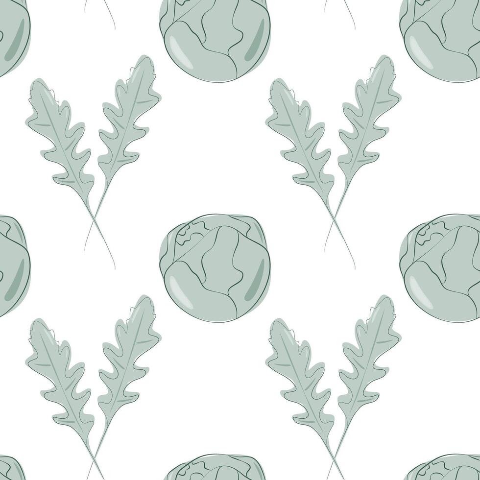Brussels sprouts heads and Arugula leaves Seamless Pattern in trendy soft green. Healthy Food fond. Isolated illustration Healthy Eating Thematic cards, banner, leaflet or tag, web, media promo vector