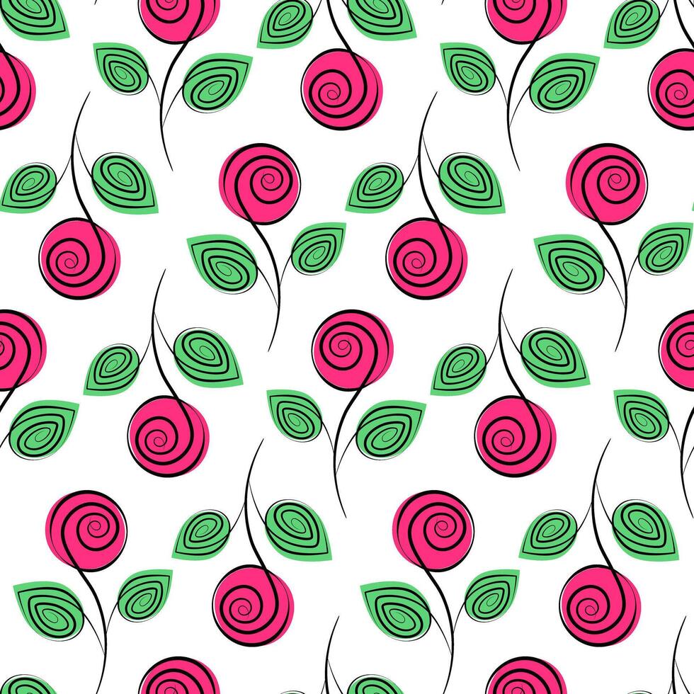 Abstract Roses on stem with leaves and colorful spots by form Seamless Pattern in trendy marker tint. Isolated illustration Wrapping, wallpaper or web promo, banners, greetings or invitations vector