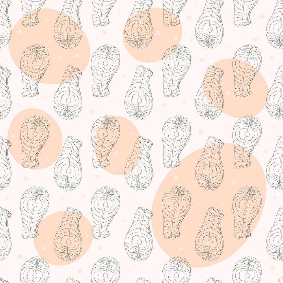 Outline salmon steaks Seamless pattern on trendy pale neutral backdrop with abstract spots and dots. Isolated illustration Healthy Eating Thematic cards, blog, wrapping or web promo, tag, label vector
