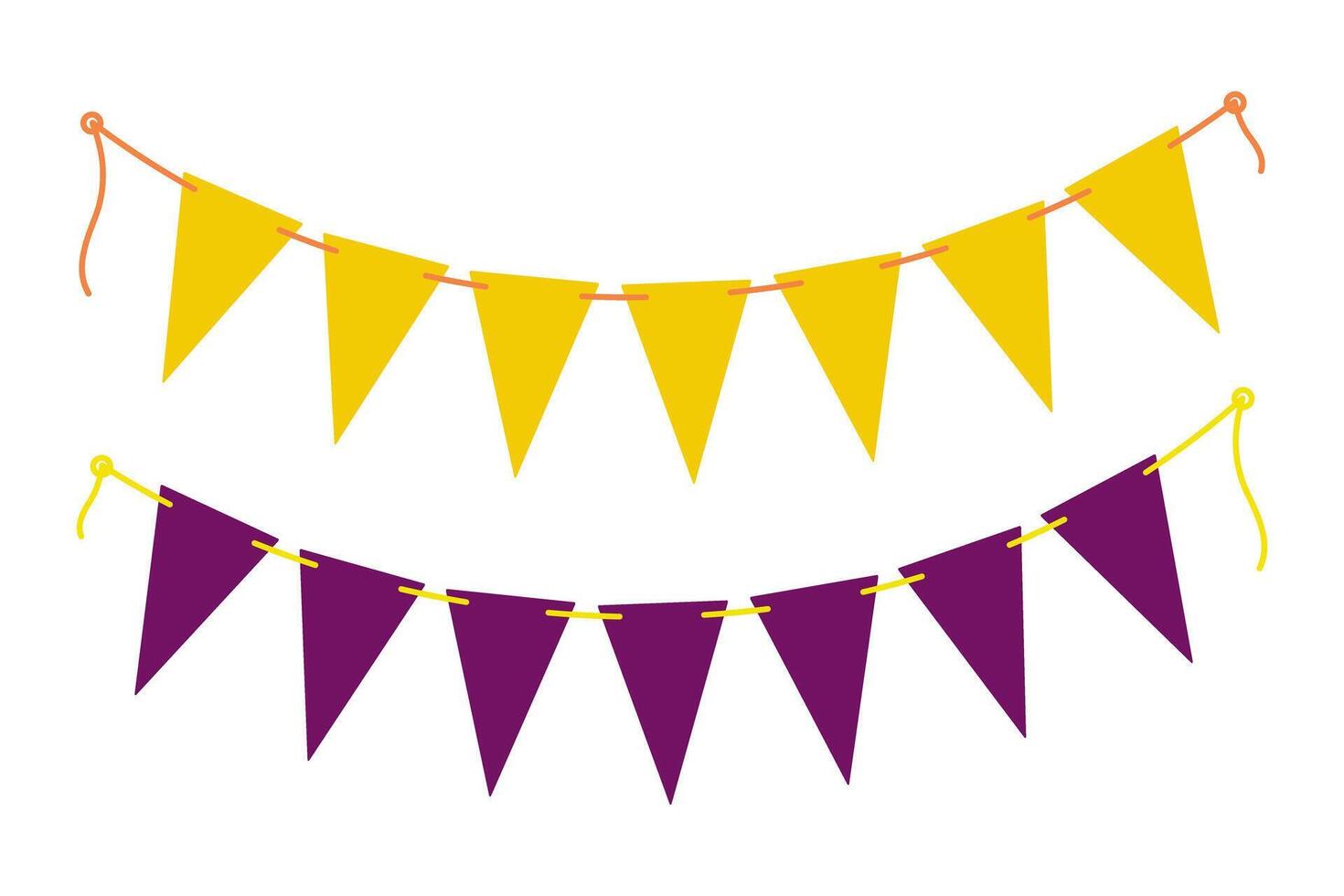 Festive triangular pennant garlands on rope in trendy yellow and violet. Birthday or Halloween party. Isolated illustration Greeting or invitation cards, leaflet, banner or web promo, post, tag vector