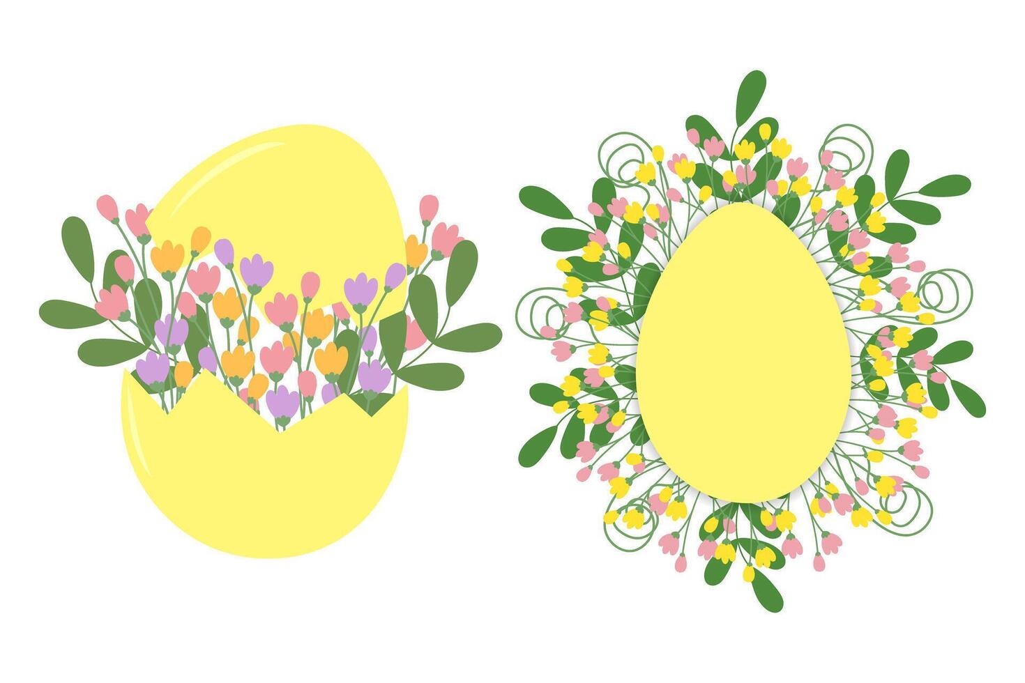 Cracked Egg shell and Egg shaped frame with multicolored blossom twigs and decorative leaves. Set 2. Copy space Isolated illustration Greeting cards, poster, banner, price, labels or web promo vector