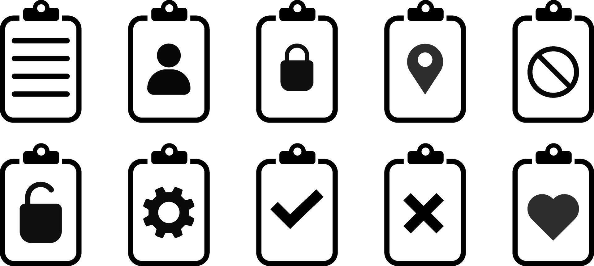 clipboard icon set. Document Checklist sign. To do list. Clipboard with profile, lock and unlocked, settings, location. Document edit icon. vector