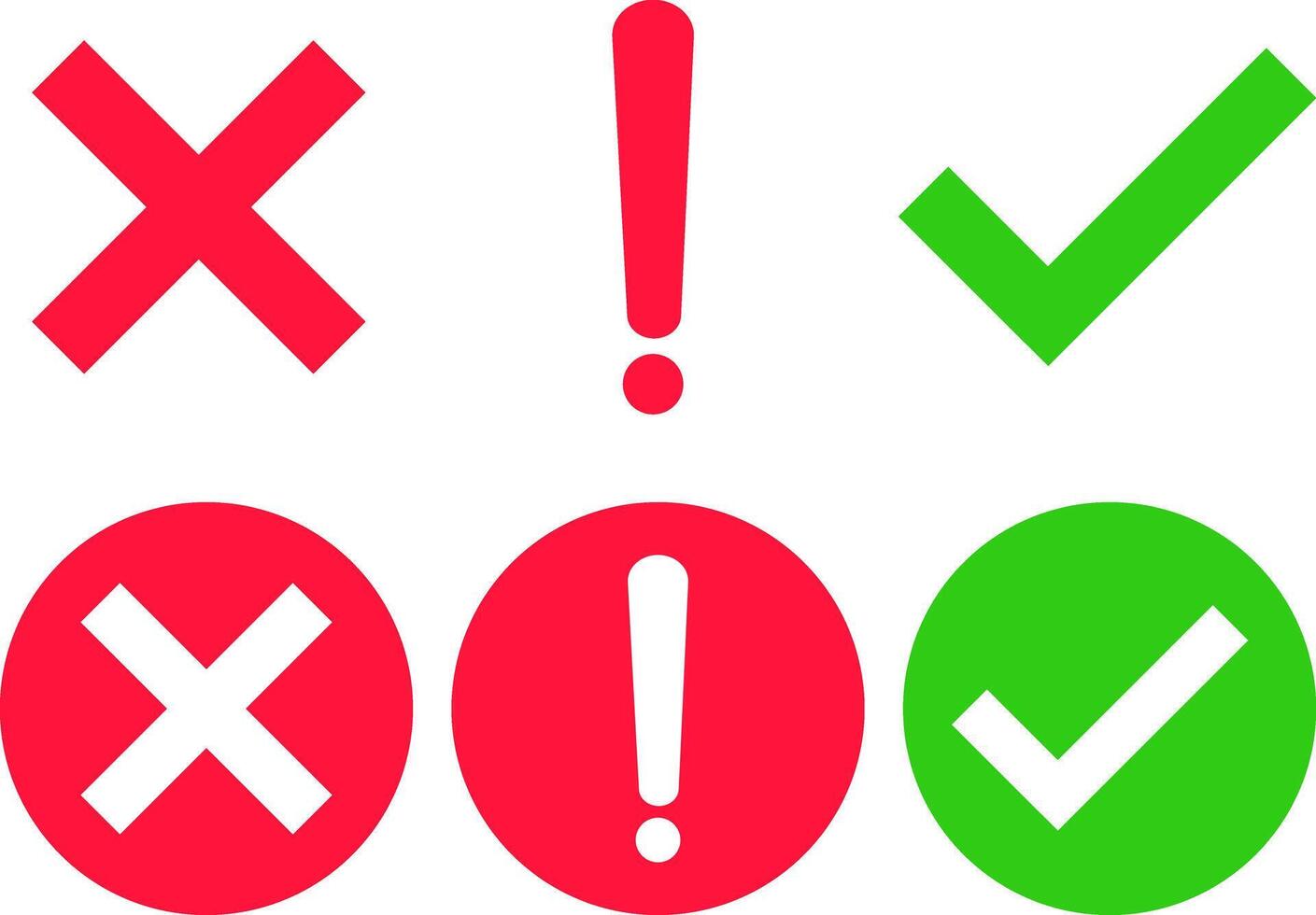 Checkmark, crossmark and exclamation icon set. Tick mark, exclamation and cross mark symbol vector
