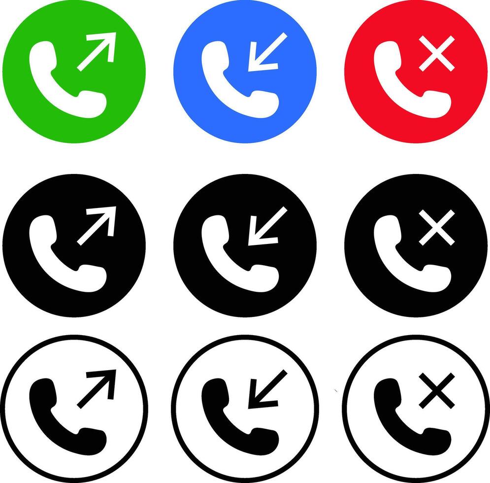 Set of Incoming, outgoing, and missed icon. Telephone call icons symbol . Interface buttons for mobile connection vector