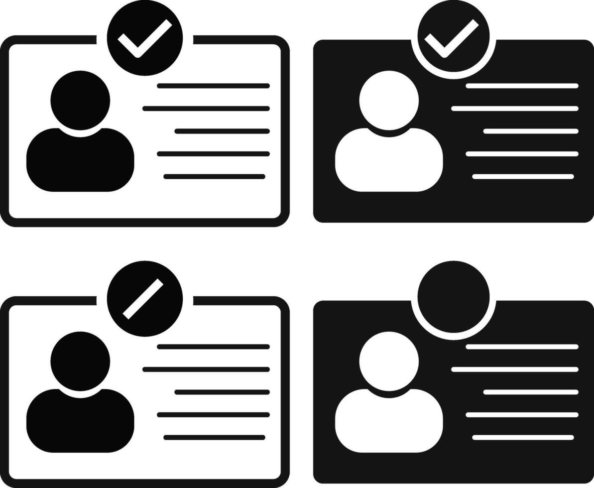 ID card tick mark icon set. Identity verified flat icon symbol. Identity card with check mark. Employee badge vector