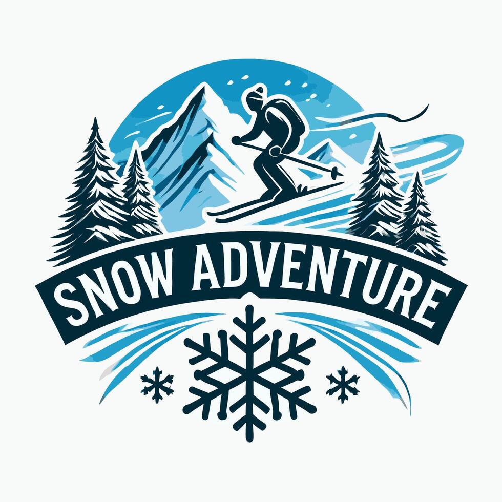 Snow adventure logo design with skier on mountain vector