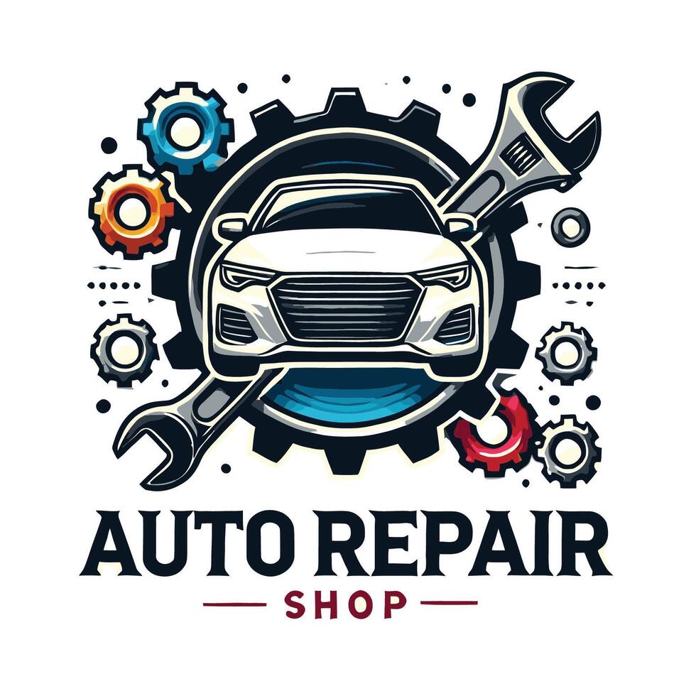 Auto repair shop logo with car and wrenet vector