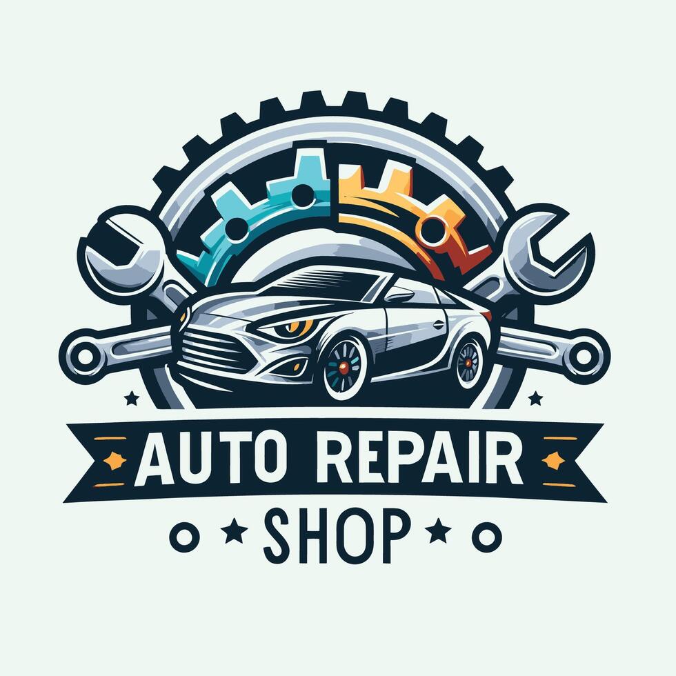Auto repair shop logo with car and wrens vector