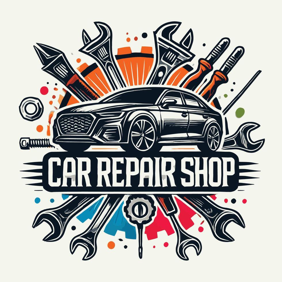 Car repair shop logo with wrenches and tools vector