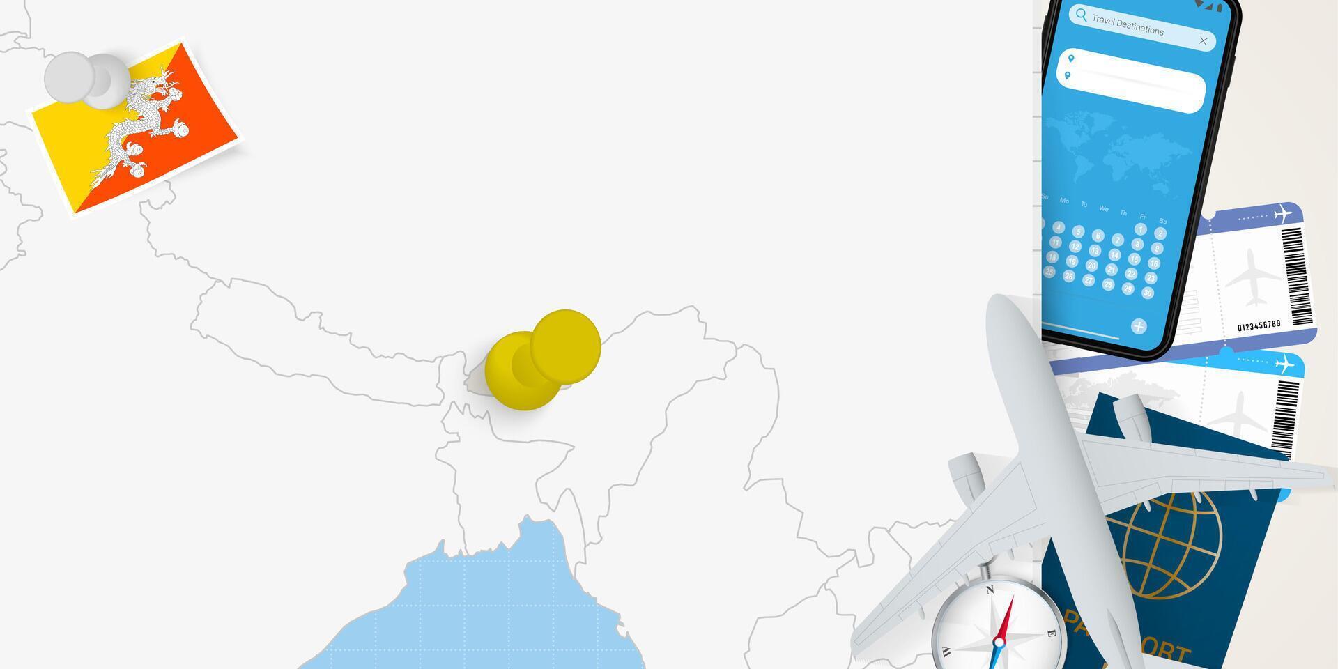 Travel to Bhutan concept, map with pin on map of Bhutan. Vacation preparation map, flag, passport and tickets. vector