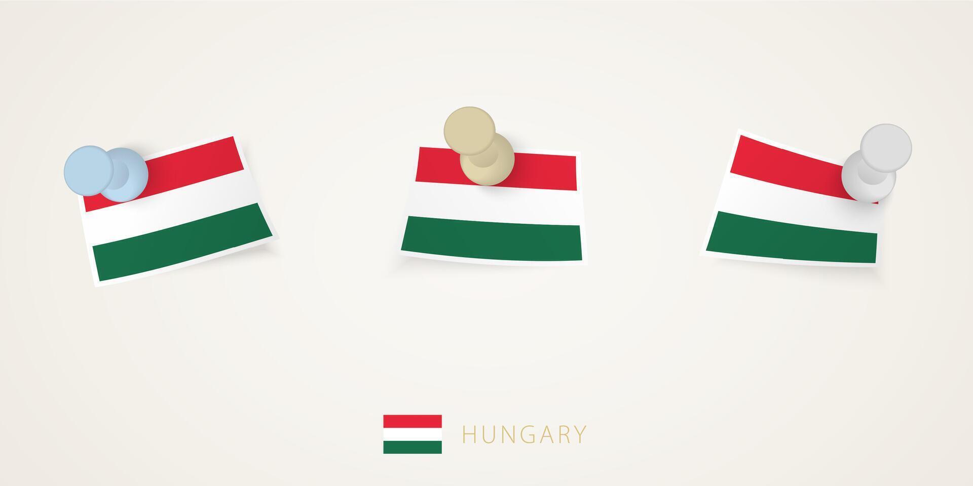 Pinned flag of Hungary in different shapes with twisted corners. pushpins top view. vector