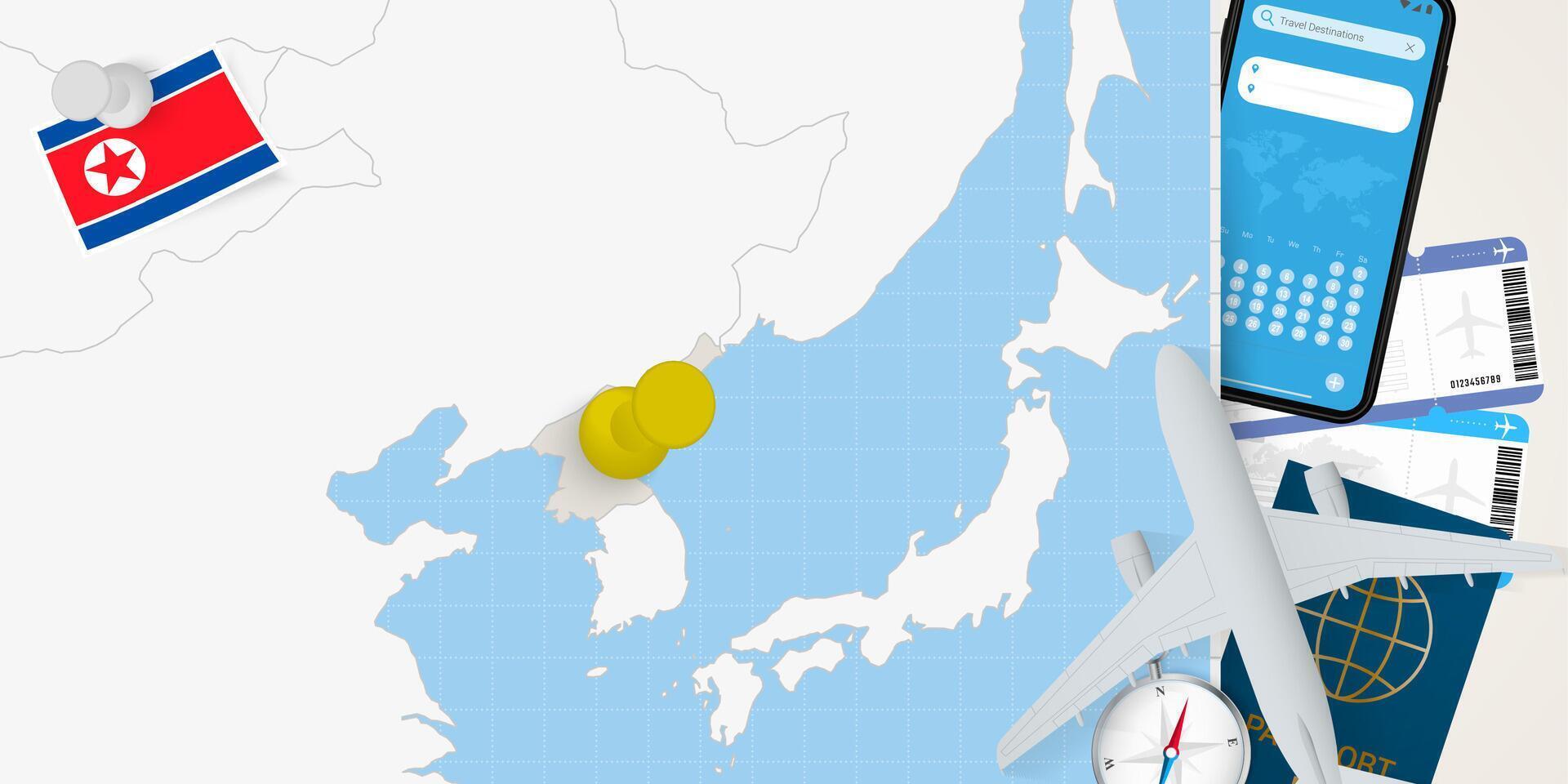 Travel to North Korea concept, map with pin on map of North Korea. Vacation preparation map, flag, passport and tickets. vector